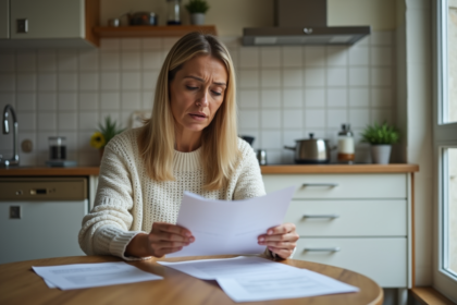 Femme examinant des papiers avec dégâts d'eau en cuisine