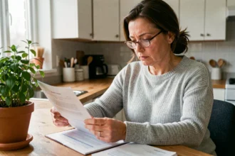Femme consultant des documents d'assurance habitation à une table en bois dans une cuisine moderne