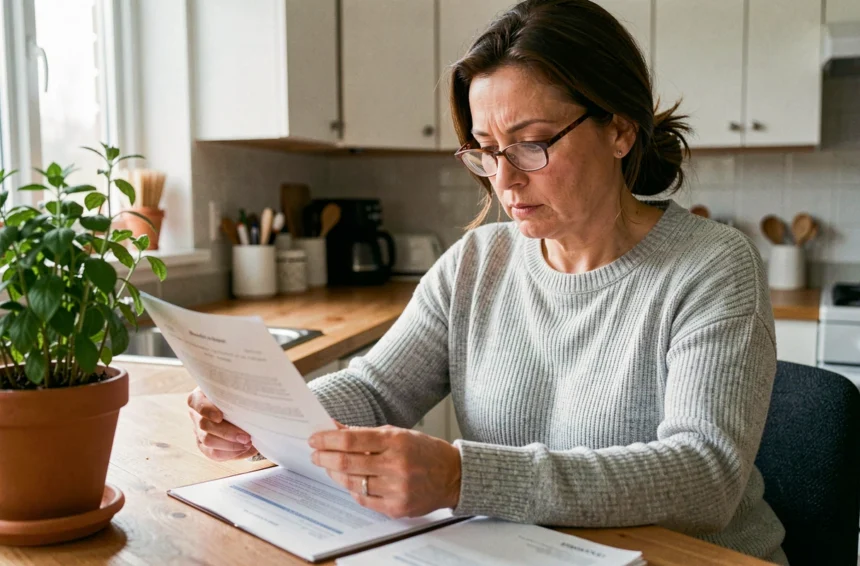 Femme consultant des documents d'assurance habitation à une table en bois dans une cuisine moderne