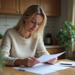 Femme examinant des documents dans une cuisine chaleureuse