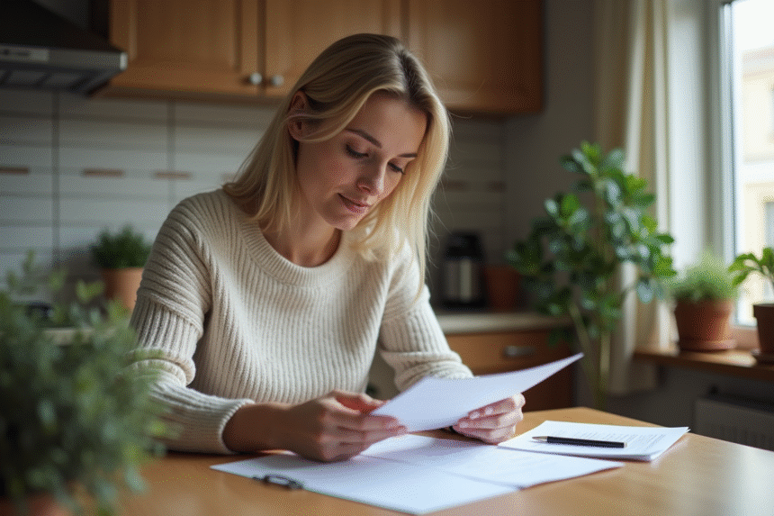 Femme examinant des documents dans une cuisine chaleureuse