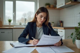 Femme consultant un dossier de location en Seine-Maritime avec des documents administratifs sur une table en bois