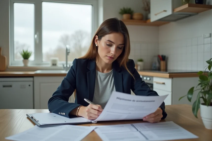 Femme consultant un dossier de location en Seine-Maritime avec des documents administratifs sur une table en bois