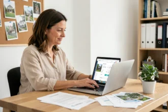 Femme utilisant un outil d'estimation immobilière en ligne sur ordinateur portable à son bureau