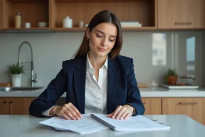 Femme d affaires en blazer bleu examine des documents financiers