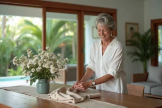 Femme détendue arrangeant des fleurs dans une villa thaïlandaise