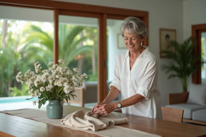 Femme détendue arrangeant des fleurs dans une villa thaïlandaise