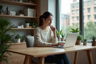 Jeune femme professionnelle utilisant un ordinateur pour rechercher un bien immobilier