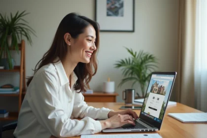 Femme d affaires souriante consulte annonces immobilières