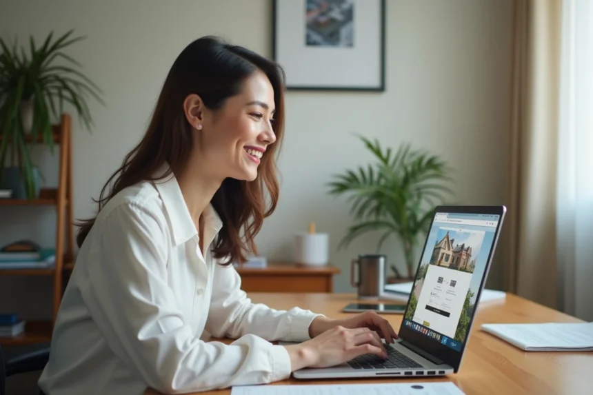 Femme d affaires souriante consulte annonces immobilières