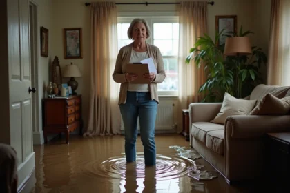 Femme préoccupée dans une salle inondée avec documents