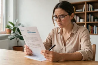 Femme lisant attentivement un contrat d'assurance logement avant de signer, assise dans un appartement moderne