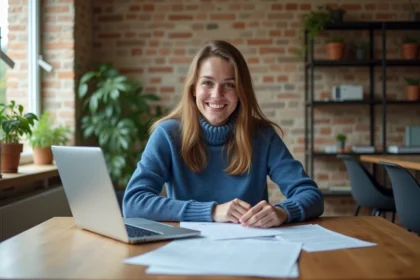 Jeune femme souriante avec documents de location dans un appartement lumineux