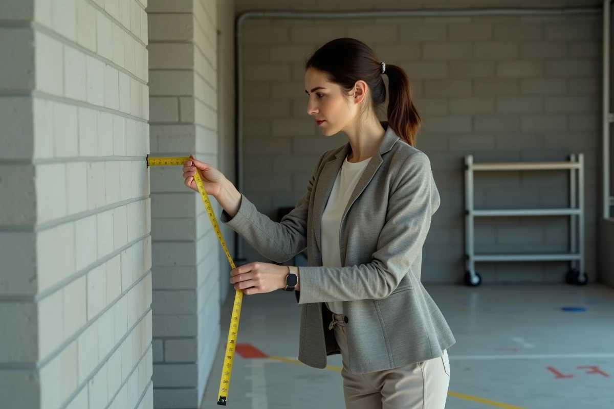 Jeune femme mesurant un garage en béton brut avec une règle