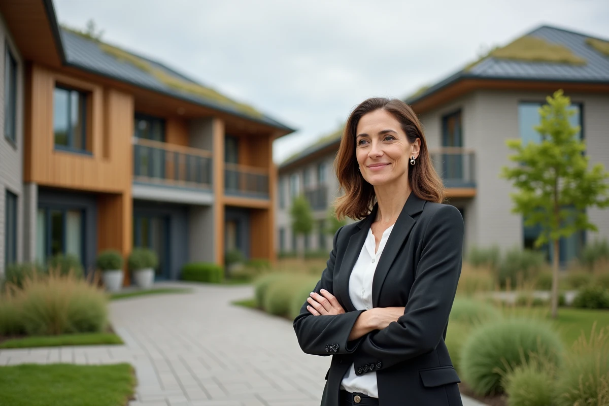 Femme confiante devant un bâtiment écologique en extérieur