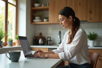 Femme utilisant un ordinateur pour une simulation de prêt immobilier