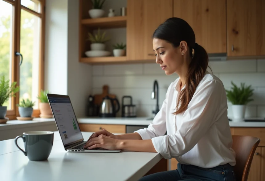 Femme utilisant un ordinateur pour une simulation de prêt immobilier