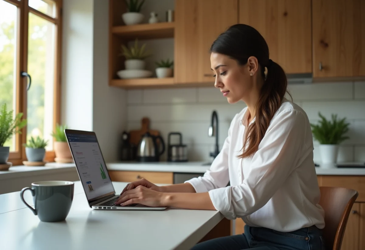 Femme utilisant un ordinateur pour une simulation de prêt immobilier