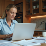 Femme d'âge moyen examinant des documents fiscaux à la maison