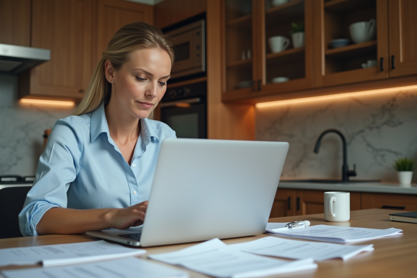 Femme d'âge moyen examinant des documents fiscaux à la maison