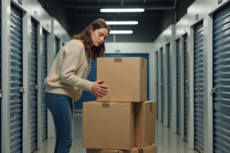 Femme organisant des cartons dans un espace de stockage intérieur