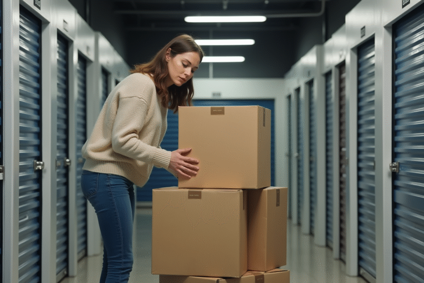 Femme organisant des cartons dans un espace de stockage intérieur
