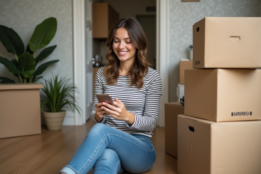 Jeune femme souriante utilisant son smartphone pour payer lors d'un déménagement