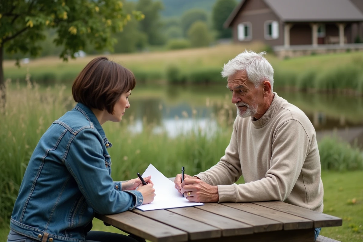 Une femme lit des papiers à une table en plein air près d