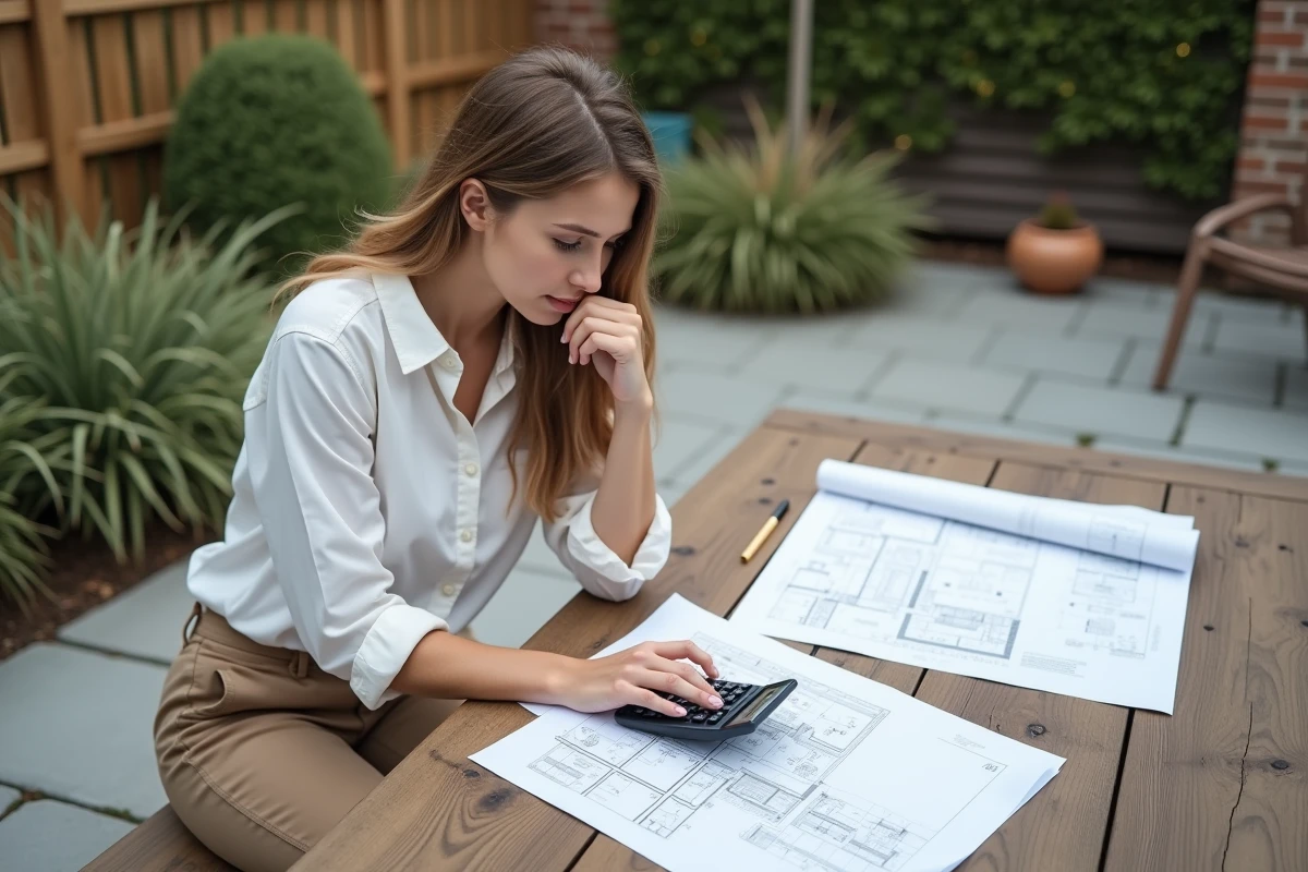 Jeune femme planifiant avec plans et calculatrice