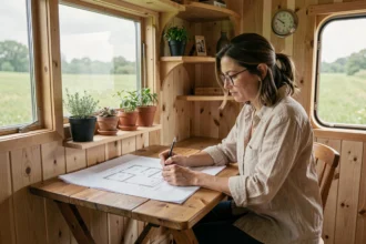 Femme étudiant des plans d'habitat mobile dans une tiny house aménagée avec soin, entourée de matériaux naturels et de végétation