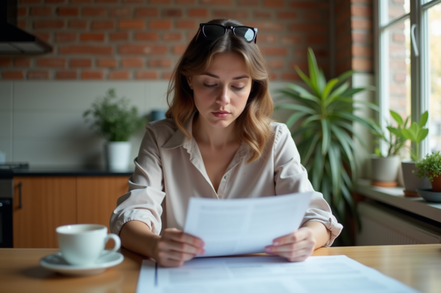 Femme en blouse examinant des documents de prêt immobilier
