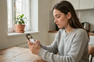 Jeune femme consultant le site loc'annonces-paris.fr sur son smartphone dans un appartement parisien