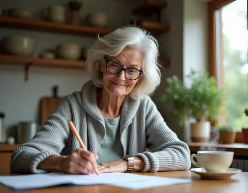 Femme d'une cinquantaine d'années rédigeant une lettre formelle pour mettre fin à son engagement de garant à une table de cuisine en bois