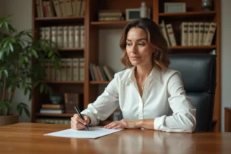 Femme rédigeant une lettre formelle à un notaire à son bureau à domicile