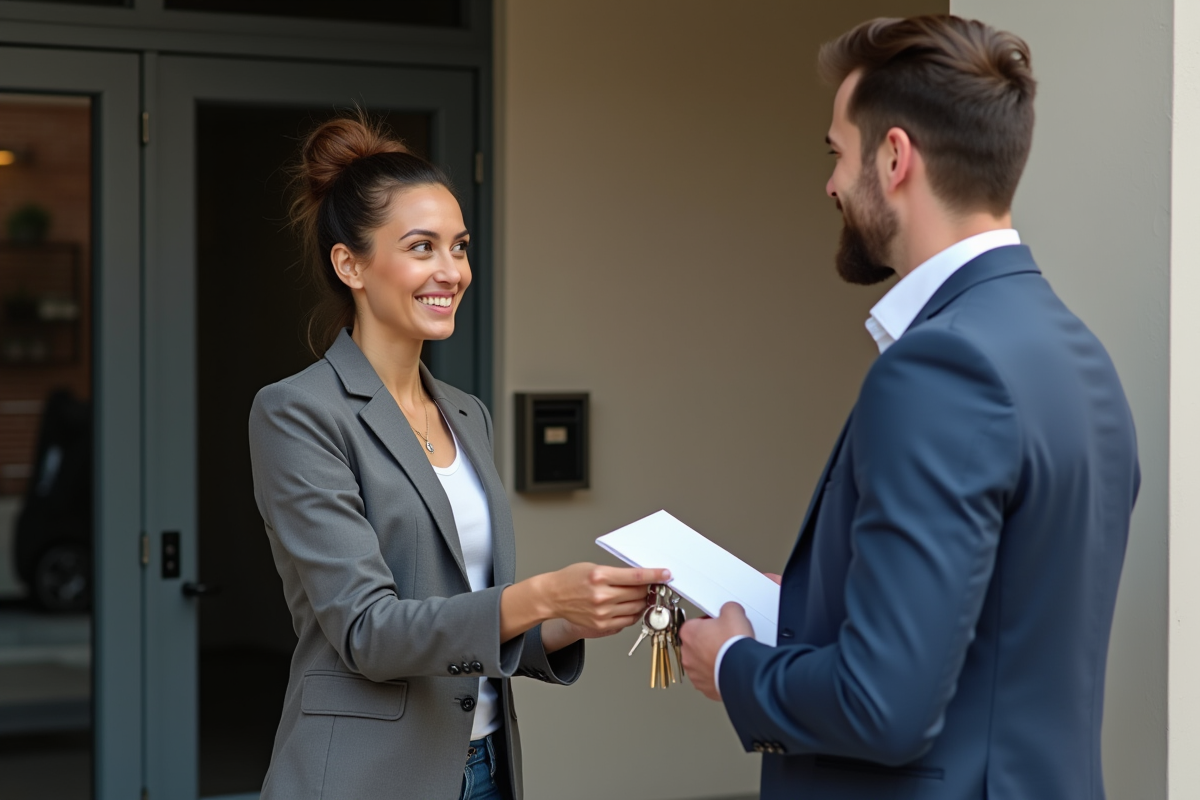 Femme remettant des clés à un gestionnaire immobilier