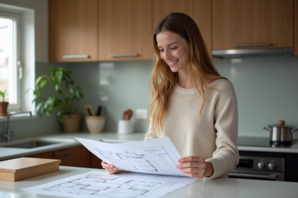 Femme en train de revoir des plans de renovation maison