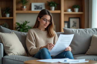 Jeune femme relisant des documents d'assurance dans son salon chaleureux
