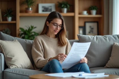 Jeune femme relisant des documents d'assurance dans son salon chaleureux