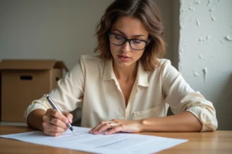 Femme signant une lettre de préavis de logement à une table dans un appartement avec des cartons de déménagement en arrière-plan