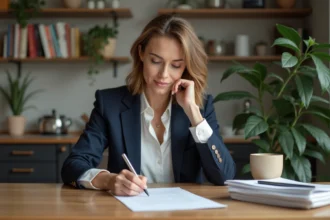 Femme d affaires signant un contrat dans une cuisine moderne