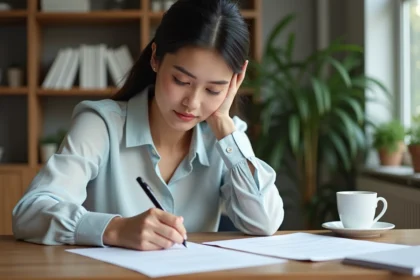 Femme signant une lettre dans un appartement lumineux