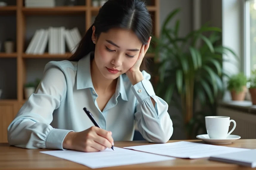 Femme signant une lettre dans un appartement lumineux