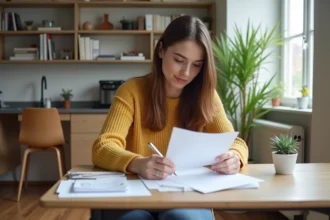Jeune femme signant une lettre dans un appartement lumineux