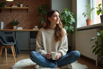 Jeune femme dans un appartement moderne et minimaliste