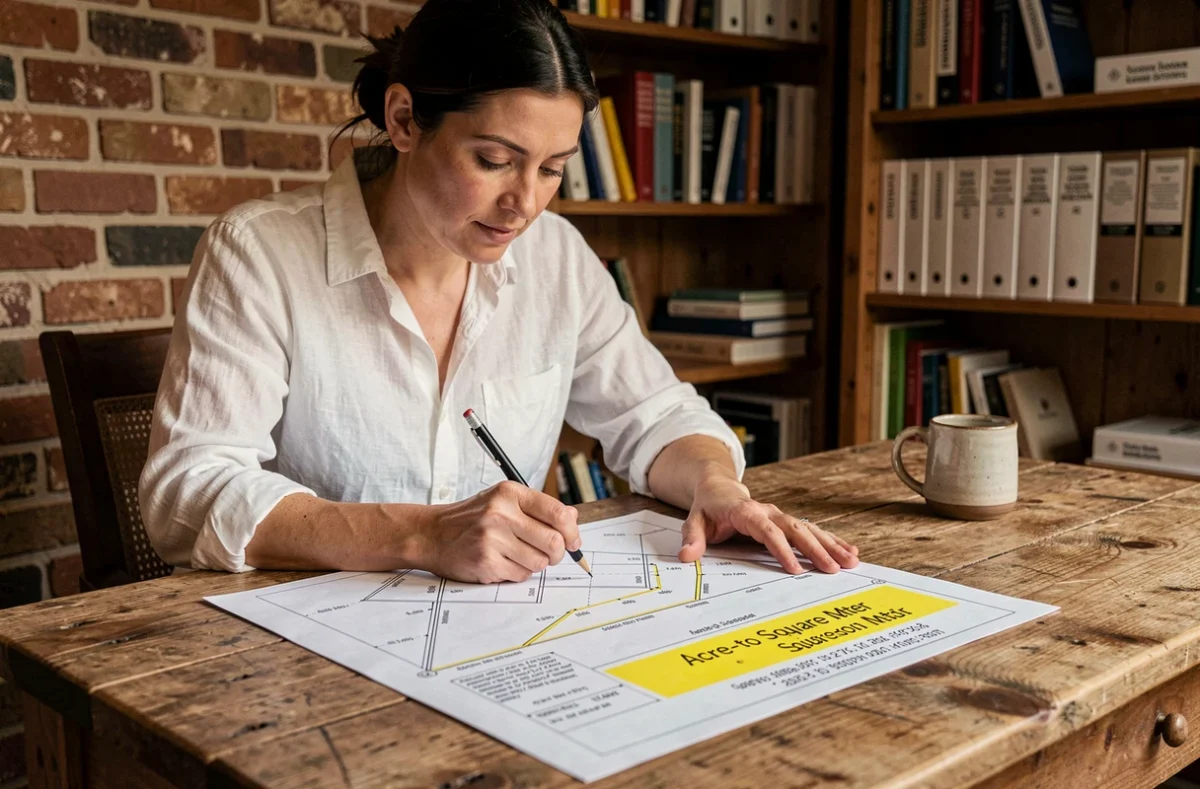 Femme consultant un tableau de conversion acres en mètres carrés dans un bureau à domicile