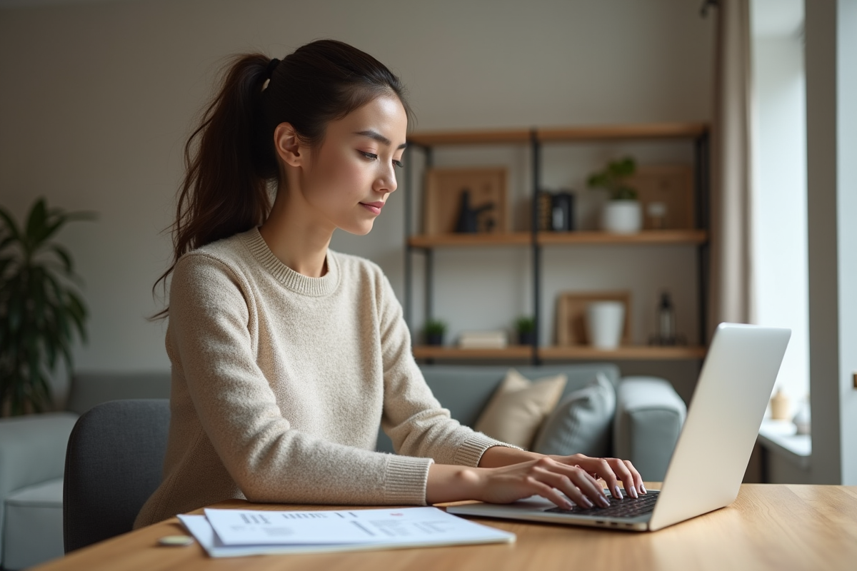 Jeune femme travaille sur son ordinateur dans un salon rénové