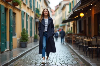 Femme en trench à Bayonne dans une rue pittoresque