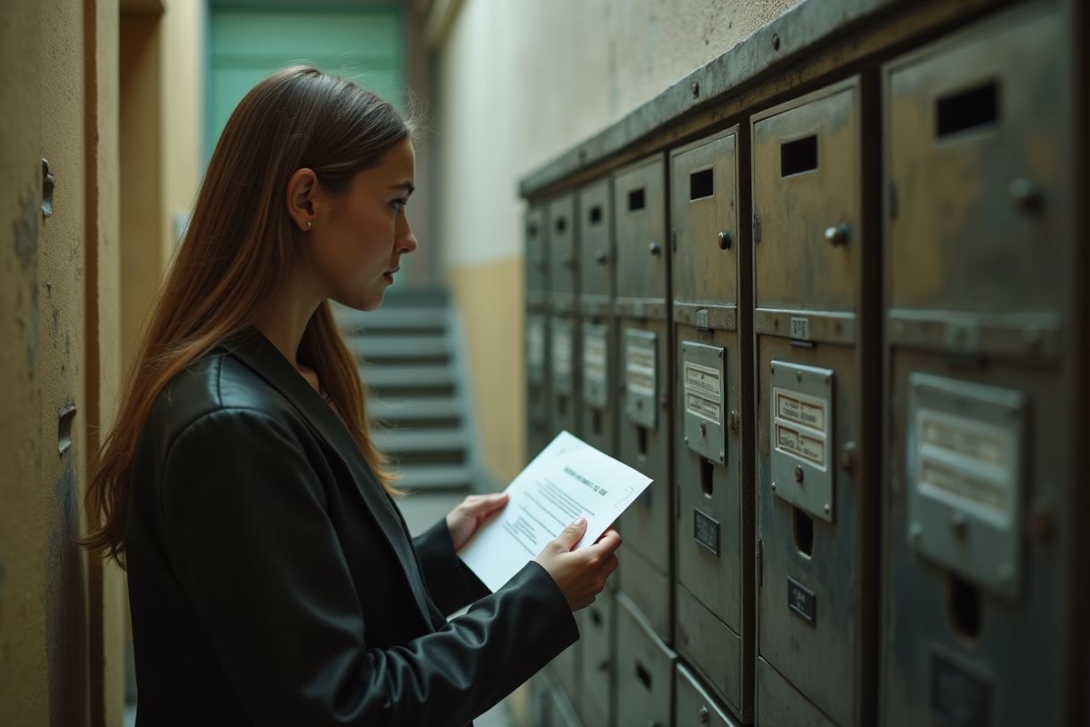 Jeune femme vérifiant une lettre dans une boîte aux lettres