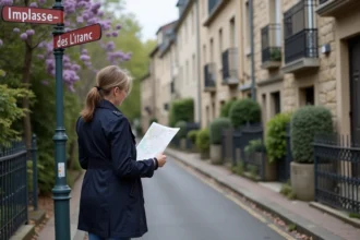 Femme en trench et jeans à l intersection de l impasse des Lilas