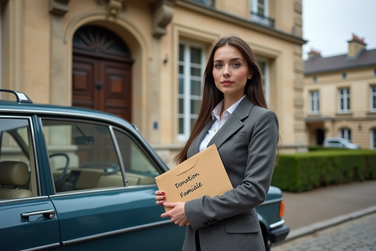 Jeune femme avec enveloppe devant une voiture à Limoges